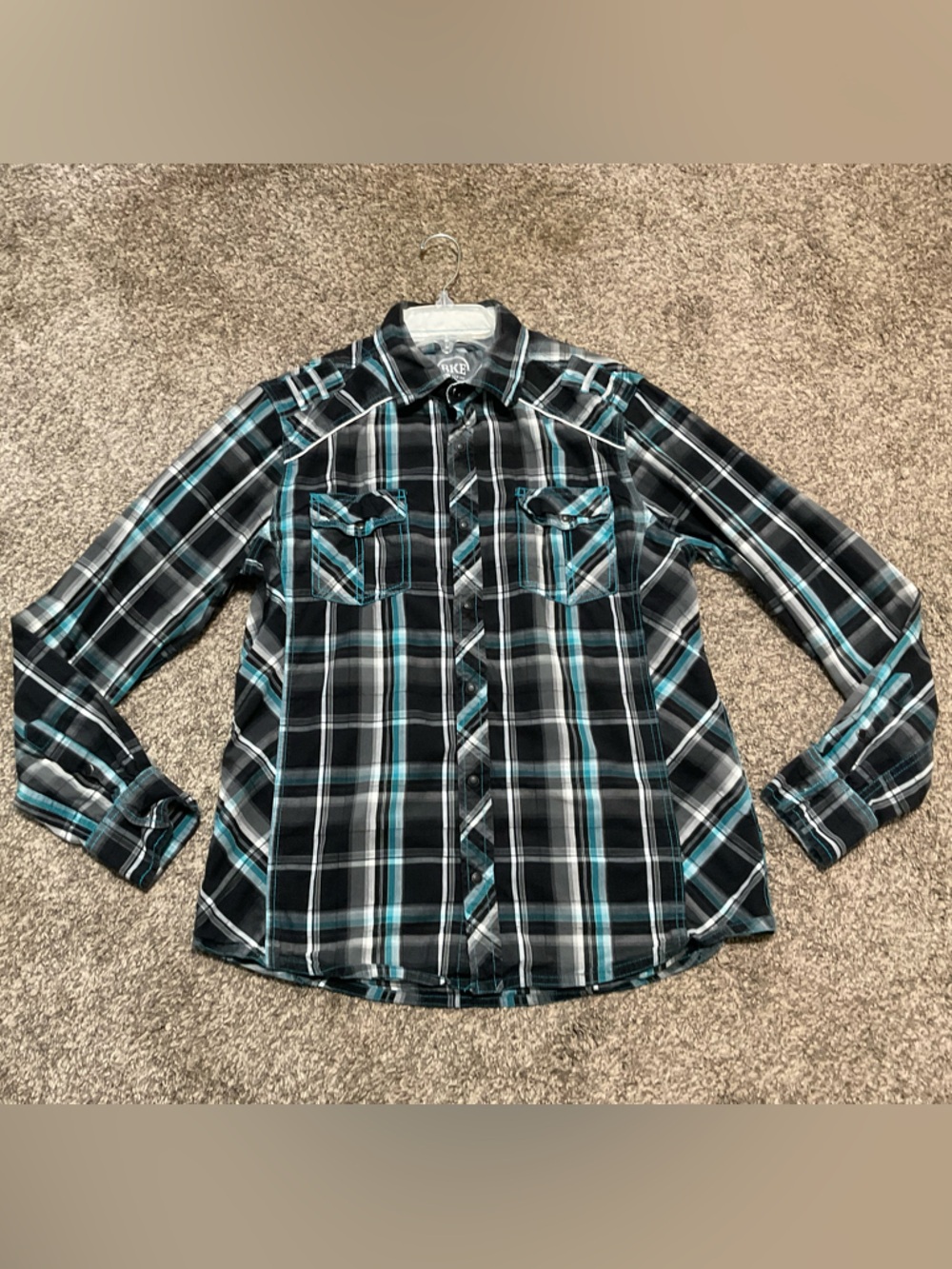 Buckle Black, Teal & White Plaid Athletic Fit Snap Button-Down Shirt Large - Picture 2 of 8